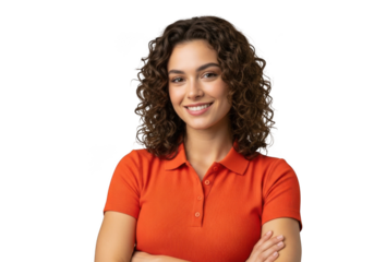Young woman with curly brown hair and a bright orange polo shirt smiles confidently with arms crossed isolated on transparent background