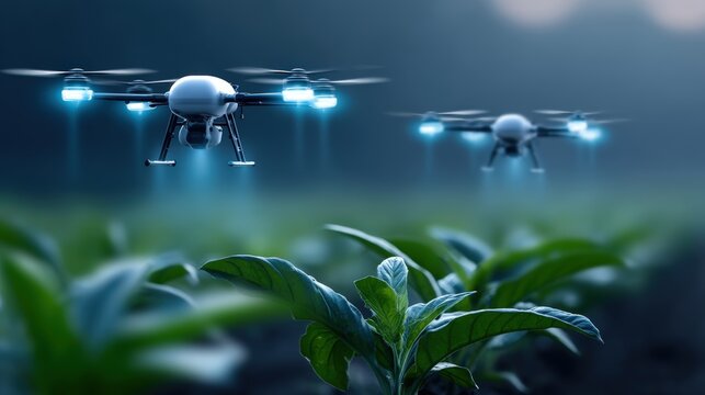 Agricultural innovation drones enhancing crop monitoring in vast fields aerial photography technology rural landscape close-up view