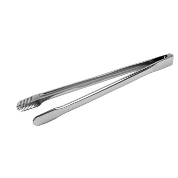 A shiny silver metal serving tong on a transparent background, ideal for various kitchen tasks, buffet service, or ice handling. background removed
