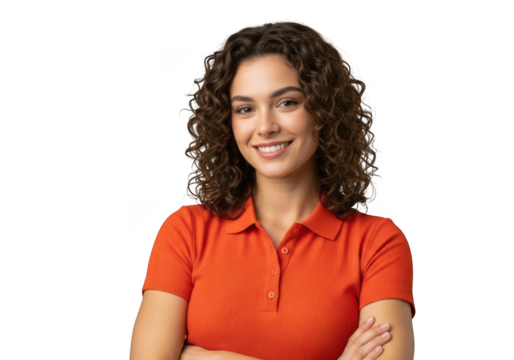 Young woman with curly brown hair and a bright orange polo shirt smiles confidently with arms crossed isolated on transparent background