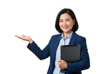 Professional asian woman in business attire holding a tablet and presenting with an open hand gesture isolated on transparent background