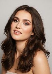 Obraz premium Portrait of a beautiful young woman with long brown hair and natural makeup smiling softly against a neutral background in a studio setting