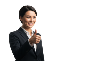 Smiling professional woman in a dark suit and white shirt giving a thumbs up gesture isolated on transparent background
