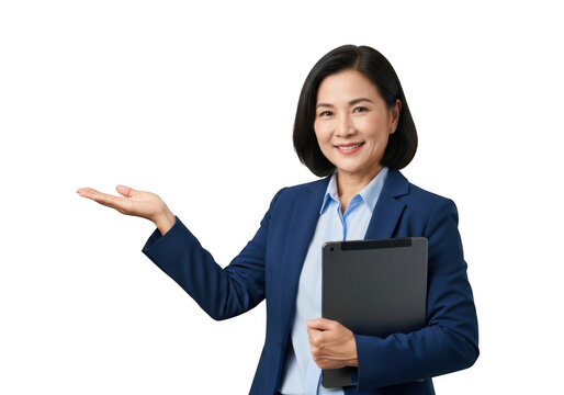 Professional asian woman in business attire holding a tablet and presenting with an open hand gesture isolated on transparent background - Powered by Adobe