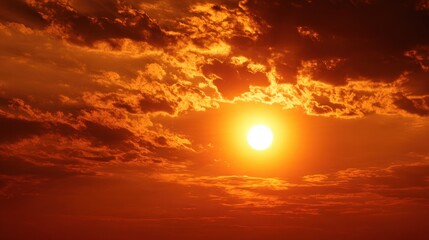 Dramatic sunset sky with clouds and bright sun sunlight background