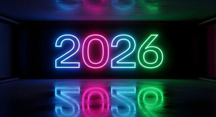 Vibrant neon 2026 typography animation with glowing multicolor lights for futuristic new year concept