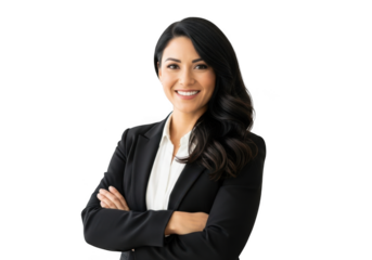 Professional businesswoman with arms crossed smiling confidently isolated on transparent background