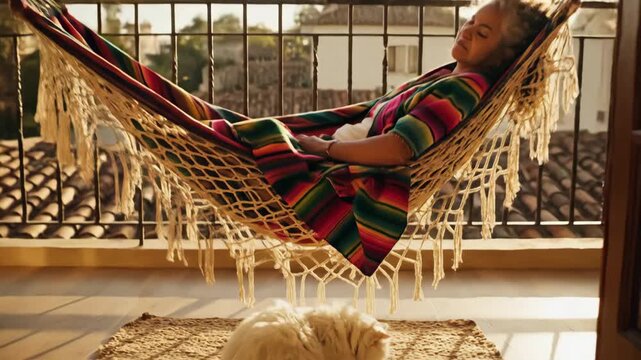 Woman resting on a sofa in a sunlit living room, enjoying a calm afternoon nap while a cat sleeps by a balcony hammock, highlighting domestic tranquility and comfort