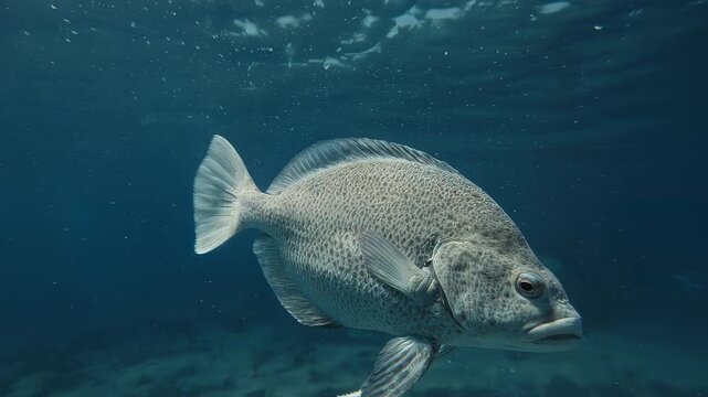 An underwater view of a fish swimming in the ocean. The fish is a silver color with a pattern on its body, with the fish seemingly at ease in its habitat
