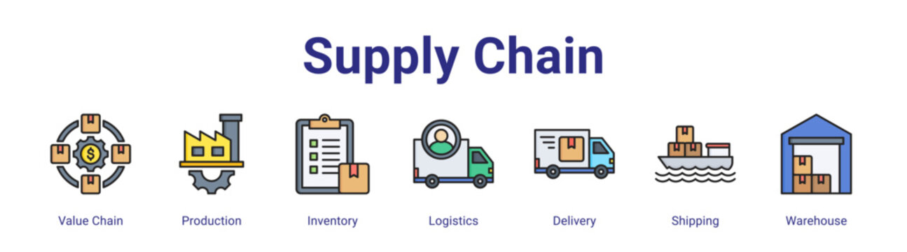 Supply Chain web icon vector illustration concept with icon of Value Chain,Production,Inventory,Logistics,Delivery,Shipping,Warehouse,in modern flat vector style.