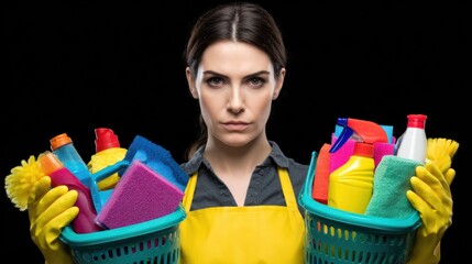 Woman holding cleaning supplies against black backdrop for home maintenance