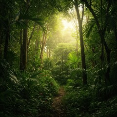 Fototapeta premium Dense, lush tropical jungle environment showcasing vibrant green foliage and biodiversity, illuminated by warm sunlight filtering through the canopy, conservation, summer, humid