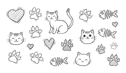 Black and white doodle art of cats paw prints hearts and fish skeletons kitten feline