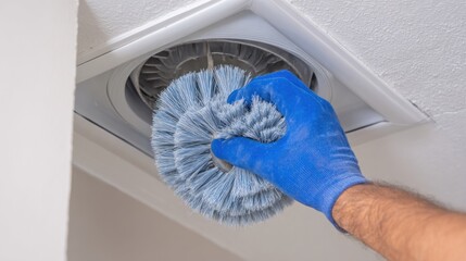 Person cleaning air vent with brush detail indoor home maintenance