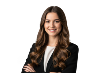 Professional young woman with long wavy brown hair smiling confidently arms crossed isolated on transparent background