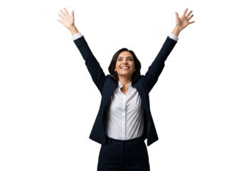 A jubilant businesswoman with arms raised high in celebration against a dark backdrop isolated on transparent background