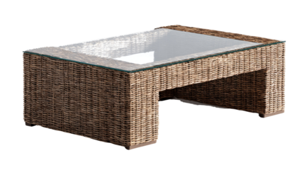 A rectangular dark brown wicker coffee table with a clear glass top, featuring a natural woven design suitable for indoor or outdoor use. background removed