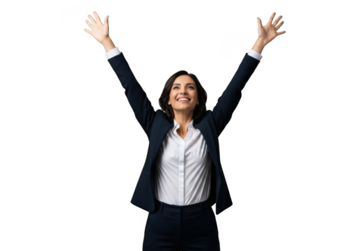 A jubilant businesswoman with arms raised high in celebration against a dark backdrop isolated on transparent background