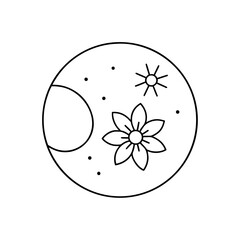 Minimalist circle with moon flower sun and dots on transparent background