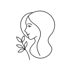 Woman profile with leaves minimal line art design on transparent background