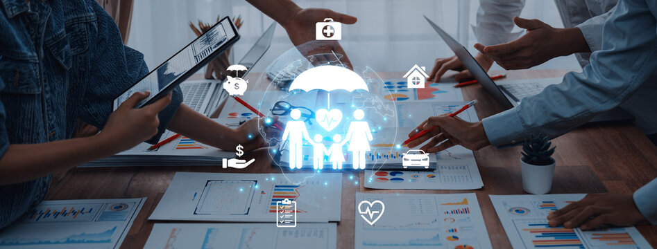 Concept of comprehensive insurance coverage and financial planning. A policy that provides life, health, and asset protection for a family's security and risk management. Fermion