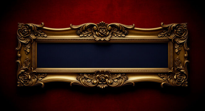 Sophisticated gold frame with rose embellishments on rich red backdrop for elegant designs or vintage projects