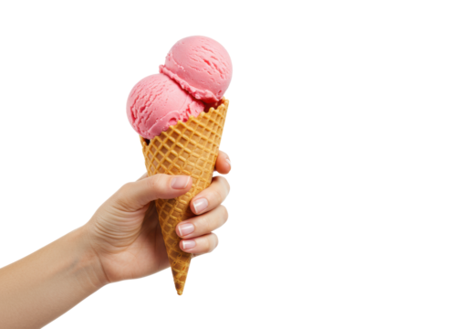 Elegant fair-skinned female hand holding crispy waffle cone with two scoops of vibrant pink strawberry ice cream, transparent background with copy space, concept for summer advertising