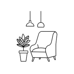 Outline drawing of chair plant and two light bulbs on transparent background