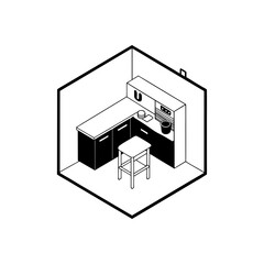 Isometric kitchen interior with stool and cabinets on transparent background