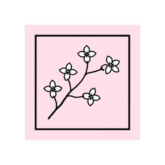 Floral branch with four petal flowers in a square on transparent background