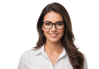 Smiling young professional woman wearing stylish eyeglasses and a crisp white button down shirt isolated on transparent background
