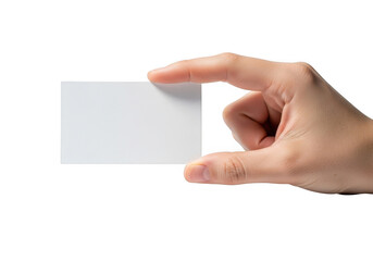 Fototapeta premium Human hand holding a small white blank card with fingers pinching the edges isolated on transparent background