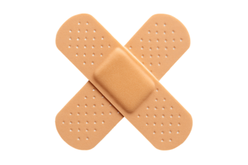 Beige adhesive bandages crossed in X shape with perforations and cushioned pad, first aid wound care isolated on white background