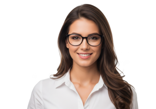 Smiling young professional woman wearing stylish eyeglasses and a crisp white button down shirt isolated on transparent background