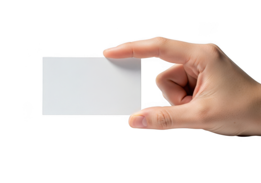 Human hand holding a small white blank card with fingers pinching the edges isolated on transparent background