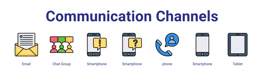 Communication Channels web icon vector illustration concept with icon of Email,Chat Group,Smartphone,Smartphone,phone,Smartphone,Tablet,in modern flat vector style.