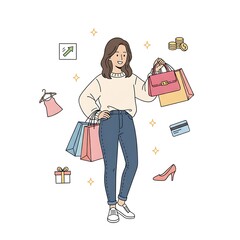 shopping, retail, fashion, consumerism, bags, sales, Cartoon Doodle Woman Shopping with Bags - Retail Fashion and Consumerism Infographic Illustration