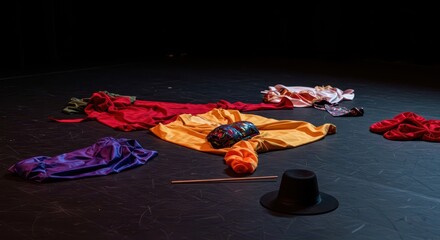 Various colorful props and costumes laid out on a stage floor, ready for an immersive theatrical experience or imaginative storytelling game ,conceptual ,theater ,drama