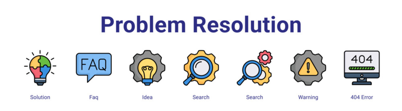 Problem Resolution web icon vector illustration concept with icon of Solution,Faq,Idea,Search,Search,Warning,404 Error,in modern flat vector style.
