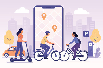 Flat vector illustration depicting Urban City Ride With Friends On Scooter And Bikes Around A Large Smartphone Map