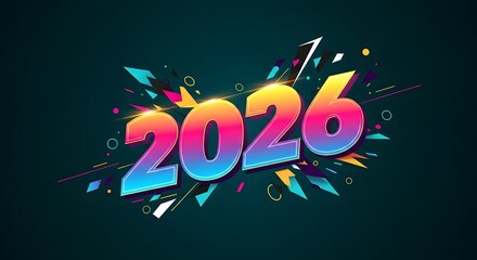 Vibrant and dynamic 2026 text with colorful abstract explosion and geometric shapes on a dark background representing new year celebration and future