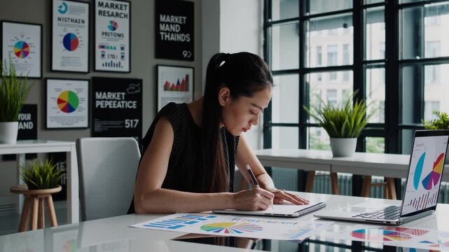 creative strategist sketching charts at desk with laptop and posters, campaign visuals and color palettes spread across table, focused planning, bright window light and inspirational workspace