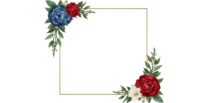 Elegant Gold Frame with Blue & Red Roses - Floral Border for Certificates, Invitations, Logos - 8K UHD Painterly Style on Transparent Background