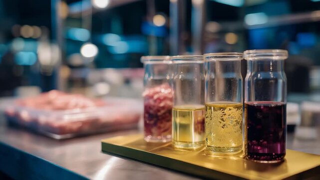 Laboratory experiment demonstrating enzymatic plastic breakdown using biotechnology and digital monitoring panels, emotion of excitement and discovery visible, representing scientific breakthroughs
