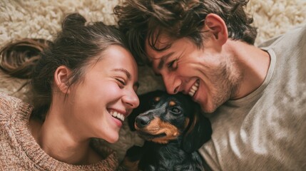 Happy couple with puppy lying down together smiling indoors