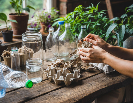 Hands sorting recyclable materials for eco-friendly lifestyle — plastic, glass, paper