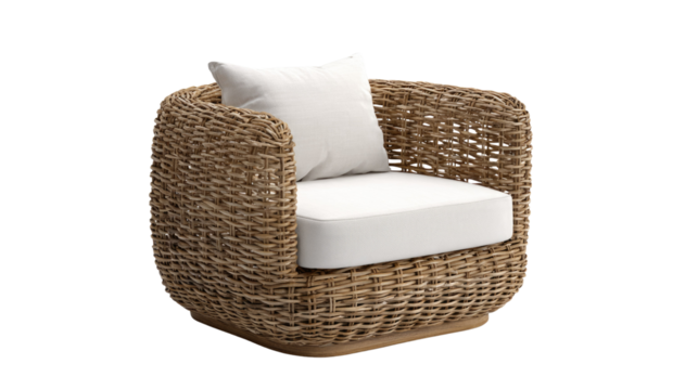 Stylish wicker armchair with crisp white cushions and decorative pillow. Perfect for modern indoor or outdoor spaces, isolated on a dark background. background removed