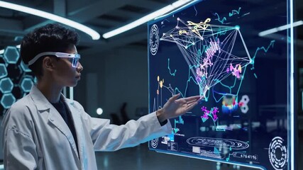 Research specialist engages with advanced visual data displays, Scientific professional interacts with immersive hologram networks and intricate data visualizations in clinical setting - Powered by Adobe