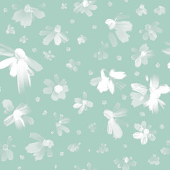 Seamless Hand-Painted Floral Brushstroke Pattern on Mint Green Background, Soft White Abstract Flowers for Fabric Wallpaper and Surface Design, large