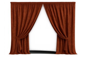 Terracotta heavy velvet theater stage curtains opening, warm draping fabric pulled back, transparent background